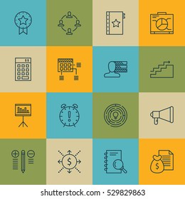 Set Of 16 Project Management Icons. Can Be Used For Web, Mobile, UI And Infographic Design. Includes Elements Such As Investment, Money, Report And More.