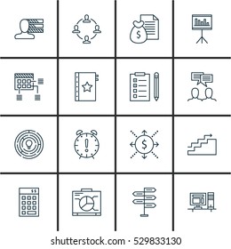 Set Of 16 Project Management Icons. Can Be Used For Web, Mobile, UI And Infographic Design. Includes Elements Such As Reminder, Personal Skills, Schedule And More.