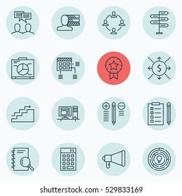 Set Of 16 Project Management Icons. Can Be Used For Web, Mobile, UI And Infographic Design. Includes Elements Such As Money, Growth, Analysis And More.