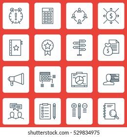 Set Of 16 Project Management Icons. Can Be Used For Web, Mobile, UI And Infographic Design. Includes Elements Such As Reminder, Report, Decision Making And More.