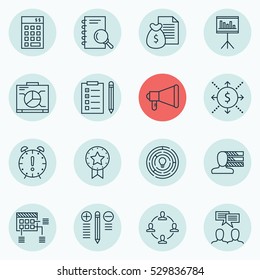 Set Of 16 Project Management Icons. Can Be Used For Web, Mobile, UI And Infographic Design. Includes Elements Such As Board, Announcement, Innovation And More.