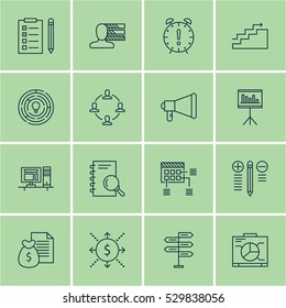 Set Of 16 Project Management Icons. Can Be Used For Web, Mobile, UI And Infographic Design. Includes Elements Such As Schedule, Report, Reminder And More.
