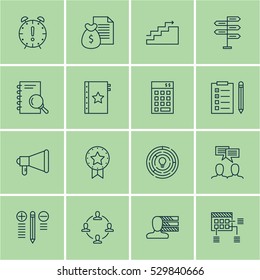 Set Of 16 Project Management Icons. Can Be Used For Web, Mobile, UI And Infographic Design. Includes Elements Such As Growth, Present Badge, Analysis And More.