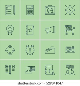 Set Of 16 Project Management Icons. Can Be Used For Web, Mobile, UI And Infographic Design. Includes Elements Such As Warranty, Collaboration, Money And More.