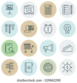 Set Of 16 Project Management Icons. Can Be Used For Web, Mobile, UI And Infographic Design. Includes Elements Such As Time Management, Innovation, Present Badge And More.