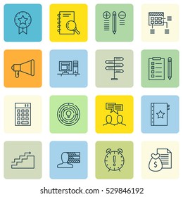 Set Of 16 Project Management Icons. Can Be Used For Web, Mobile, UI And Infographic Design. Includes Elements Such As Growth, Analysis, Discussion And More.
