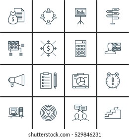 Set Of 16 Project Management Icons. Can Be Used For Web, Mobile, UI And Infographic Design. Includes Elements Such As Collaboration, Growth, Money And More.