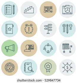 Set Of 16 Project Management Icons. Can Be Used For Web, Mobile, UI And Infographic Design. Includes Elements Such As Growth, Board, Warranty And More.
