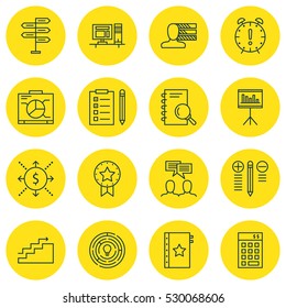Set Of 16 Project Management Icons. Can Be Used For Web, Mobile, UI And Infographic Design. Includes Elements Such As Money, Time Management, Analysis And More.