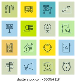 Set Of 16 Project Management Icons. Can Be Used For Web, Mobile, UI And Infographic Design. Includes Elements Such As Presentation, Schedule, Growth And More.