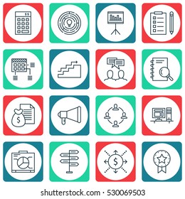 Set Of 16 Project Management Icons. Can Be Used For Web, Mobile, UI And Infographic Design. Includes Elements Such As Board, Money, Announcement And More.