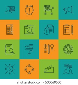 Set Of 16 Project Management Icons. Can Be Used For Web, Mobile, UI And Infographic Design. Includes Elements Such As Report, Decision Making, Announcement And More.