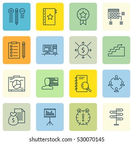 Set Of 16 Project Management Icons. Can Be Used For Web, Mobile, UI And Infographic Design. Includes Elements Such As Warranty, Present Badge, Report And More.