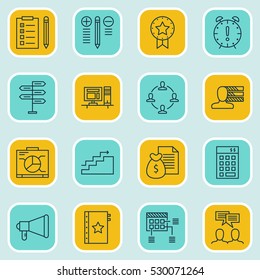 Set Of 16 Project Management Icons. Can Be Used For Web, Mobile, UI And Infographic Design. Includes Elements Such As Board, Report, Computer And More.
