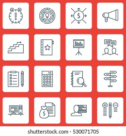 Set Of 16 Project Management Icons. Can Be Used For Web, Mobile, UI And Infographic Design. Includes Elements Such As Report, Analysis, Personal Skills And More.