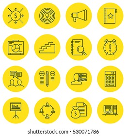 Set Of 16 Project Management Icons. Can Be Used For Web, Mobile, UI And Infographic Design. Includes Elements Such As Discussion, Computer, Innovation And More.