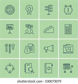 Set Of 16 Project Management Icons. Can Be Used For Web, Mobile, UI And Infographic Design. Includes Elements Such As Presentation, Schedule, Board And More.