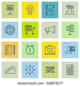 Set Of 16 Project Management Icons. Can Be Used For Web, Mobile, UI And Infographic Design. Includes Elements Such As Reminder, Innovation, Warranty And More.