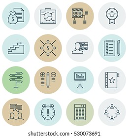 Set Of 16 Project Management Icons. Can Be Used For Web, Mobile, UI And Infographic Design. Includes Elements Such As Growth, Collaboration, Personal Skills And More.