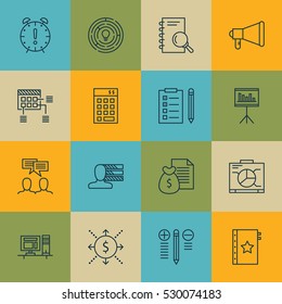Set Of 16 Project Management Icons. Can Be Used For Web, Mobile, UI And Infographic Design. Includes Elements Such As Schedule, Discussion, Warranty And More.