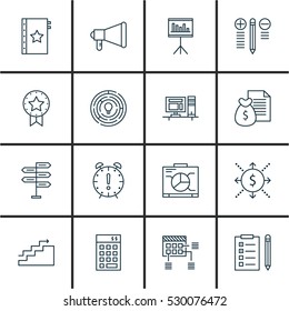 Set Of 16 Project Management Icons. Can Be Used For Web, Mobile, UI And Infographic Design. Includes Elements Such As Opportunity, Report, Computer And More.