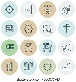 Set Of 16 Project Management Icons. Can Be Used For Web, Mobile, UI And Infographic Design. Includes Elements Such As Opportunity, Computer, Announcement And More.