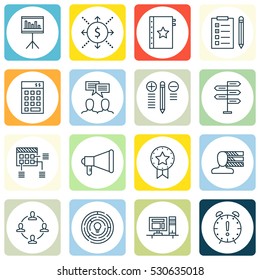 Set Of 16 Project Management Icons. Can Be Used For Web, Mobile, UI And Infographic Design. Includes Elements Such As Computer, Schedule, Present Badge And More.