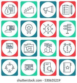 Set Of 16 Project Management Icons. Can Be Used For Web, Mobile, UI And Infographic Design. Includes Elements Such As Collaboration, Time Management, Growth And More.