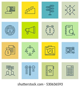 Set Of 16 Project Management Icons. Can Be Used For Web, Mobile, UI And Infographic Design. Includes Elements Such As Time Management, Collaboration, Personal Skills And More.