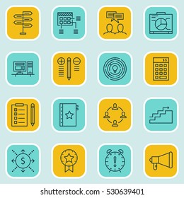 Set Of 16 Project Management Icons. Can Be Used For Web, Mobile, UI And Infographic Design. Includes Elements Such As Investment, Announcement, Growth And More.