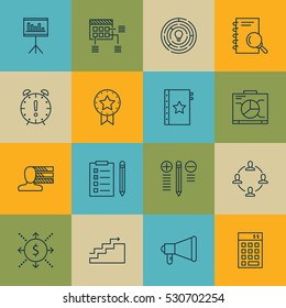 Set Of 16 Project Management Icons. Can Be Used For Web, Mobile, UI And Infographic Design. Includes Elements Such As Growth, Warranty, Decision Making And More.