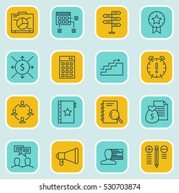 Set Of 16 Project Management Icons. Can Be Used For Web, Mobile, UI And Infographic Design. Includes Elements Such As Warranty, Announcement, Board And More.