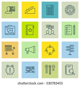 Set Of 16 Project Management Icons. Can Be Used For Web, Mobile, UI And Infographic Design. Includes Elements Such As Analysis, Innovation, Opportunity And More.