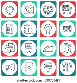 Set Of 16 Project Management Icons. Can Be Used For Web, Mobile, UI And Infographic Design. Includes Elements Such As Report, Growth, Opportunity And More.