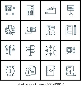Set Of 16 Project Management Icons. Can Be Used For Web, Mobile, UI And Infographic Design. Includes Elements Such As Money, Opportunity, Personal Skills And More.
