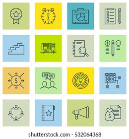 Set Of 16 Project Management Icons. Can Be Used For Web, Mobile, UI And Infographic Design. Includes Elements Such As Money, Report, Warranty And More.