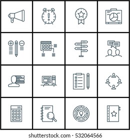 Set Of 16 Project Management Icons. Can Be Used For Web, Mobile, UI And Infographic Design. Includes Elements Such As Computer, Discussion, Schedule And More.