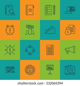 Set Of 16 Project Management Icons. Can Be Used For Web, Mobile, UI And Infographic Design. Includes Elements Such As Presentation, Report, Announcement And More.