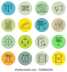 Set Of 16 Project Management Icons. Can Be Used For Web, Mobile, UI And Infographic Design. Includes Elements Such As Analysis, Reminder, Investment And More.