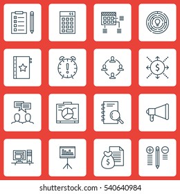 Set Of 16 Project Management Icons. Includes Discussion, Collaboration, Presentation And Other Symbols. Beautiful Design Elements.