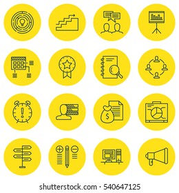 Set Of 16 Project Management Icons. Includes Innovation, Present Badge, Personal Skills And Other Symbols. Beautiful Design Elements.