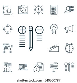 Set Of 16 Project Management Icons. Includes Computer, Personal Skills, Discussion And Other Symbols. Beautiful Design Elements.