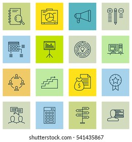 Set Of 16 Project Management Icons. Includes Board, Computer, Report And Other Symbols. Beautiful Design Elements.
