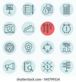 Set Of 16 Project Management Icons. Includes Time Management, Present Badge, Report And Other Symbols. Beautiful Design Elements.
