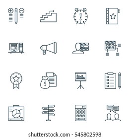 Set Of 16 Project Management Icons. Includes Present Badge, Warranty, Personal Skills And Other Symbols. Beautiful Design Elements.