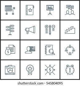 Set Of 16 Project Management Icons. Includes Report, Present Badge, Growth And Other Symbols. Beautiful Design Elements.