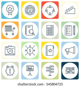 Set Of 16 Project Management Icons. Includes Money, Present Badge, Reminder And Other Symbols. Beautiful Design Elements.