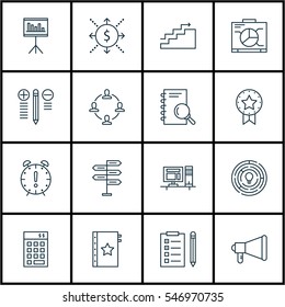 Set Of 16 Project Management Icons. Includes Time Management, Opportunity, Money And Other Symbols. Beautiful Design Elements.