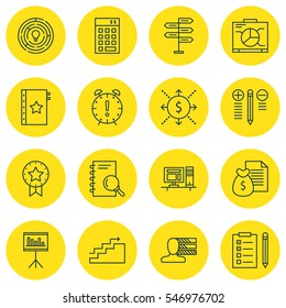 Set Of 16 Project Management Icons. Includes Time Management, Present Badge, Innovation And Other Symbols. Beautiful Design Elements.