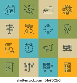 Set Of 16 Project Management Icons. Includes Growth, Decision Making, Schedule And Other Symbols. Beautiful Design Elements.